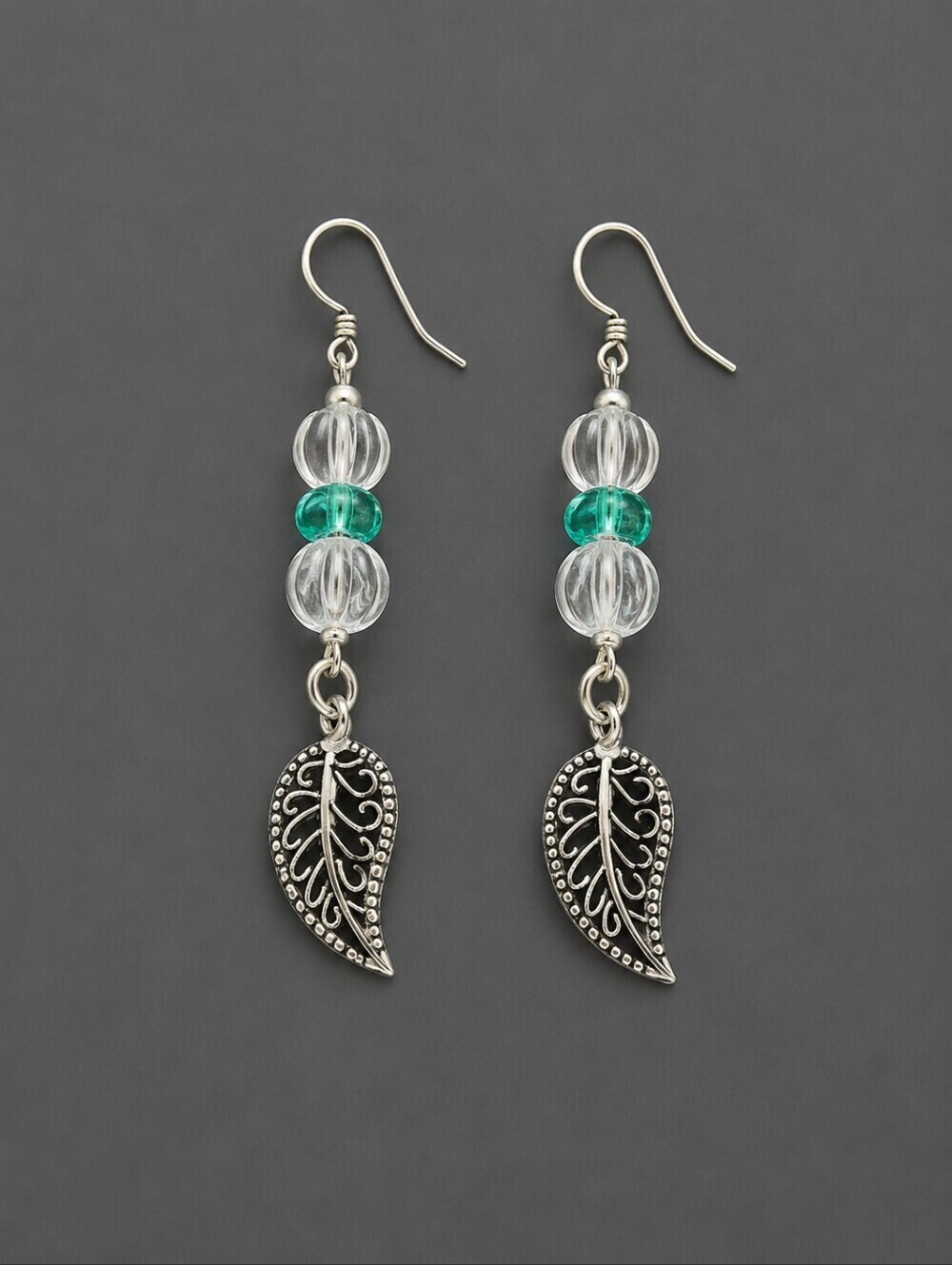 HANDMADE Czech Glass Leaf Charm Dangle Hook Earrings